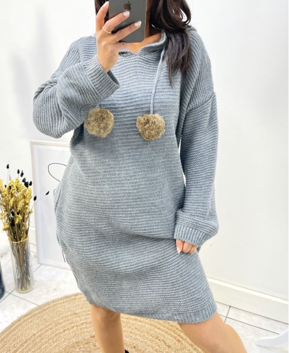 "CURVY" SWEATER OVERSIZED HOODED DRESS WITH FANCY TASSELS AH736 GREY