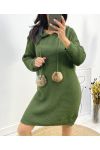 "CURVY" SWEATER OVERSIZED HOODED DRESS FANCY POM POMS AH736 KAKI