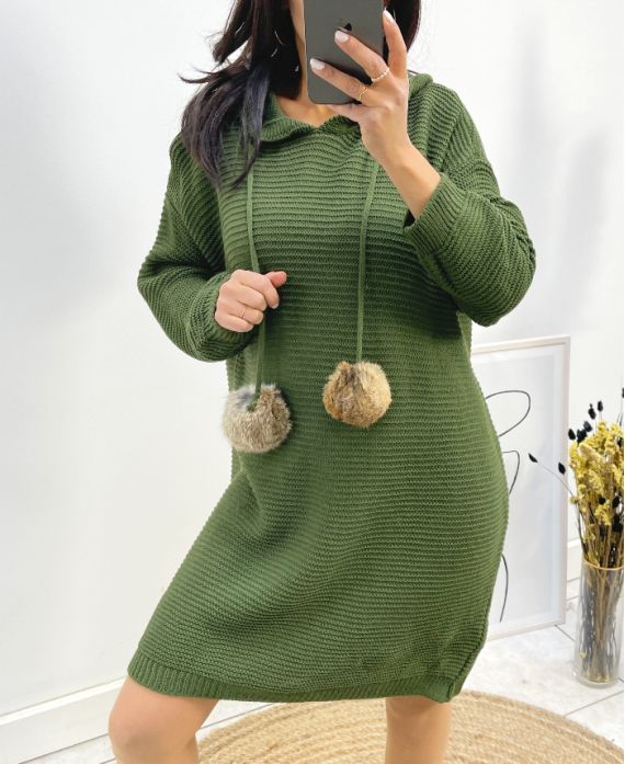 "CURVY" SWEATER OVERSIZED HOODED DRESS FANCY POM POMS AH736 KAKI