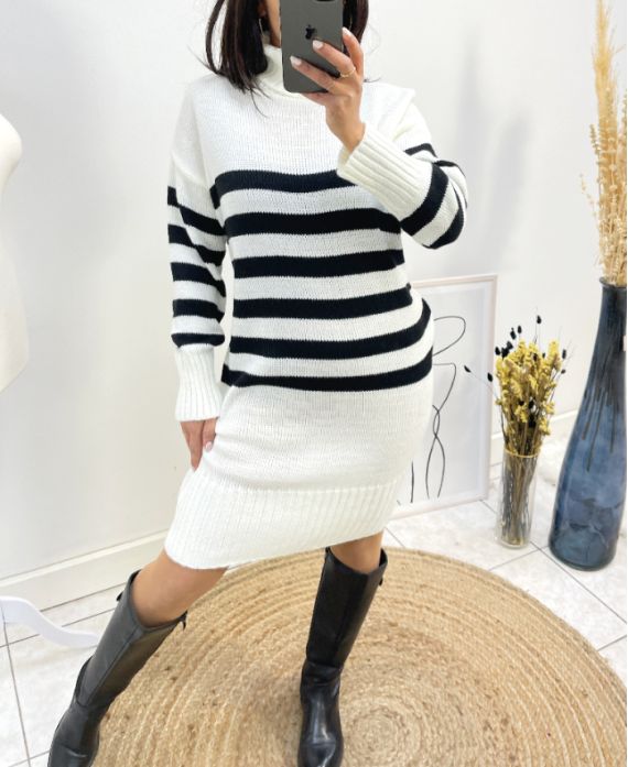 STRIPED TURTLENECK DRESS AH752 WHITE