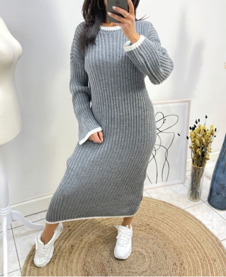 LONG ROUND NECK KNIT DRESS AW728 GREY