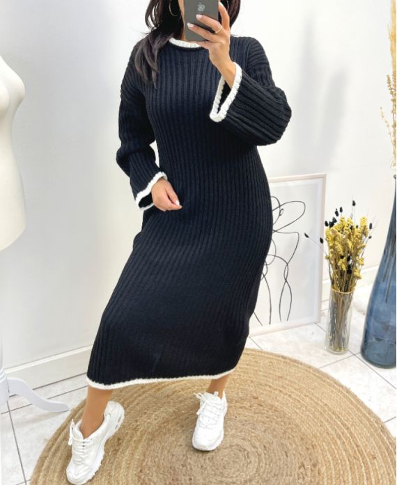 LONG ROUND NECK KNIT DRESS AW728 BLACK