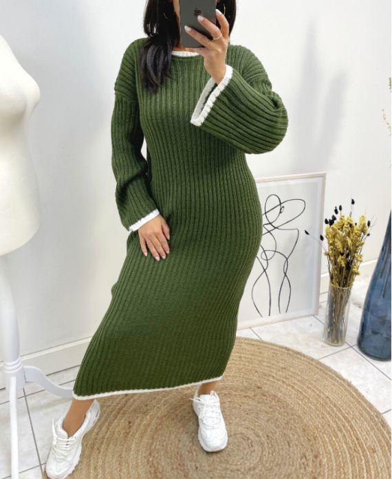 LONG ROUND NECK KNIT DRESS AW728 KAKI