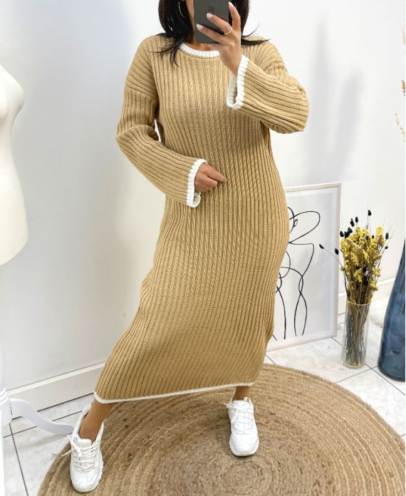 LONG ROUND NECK KNIT DRESS AW728 CAMEL