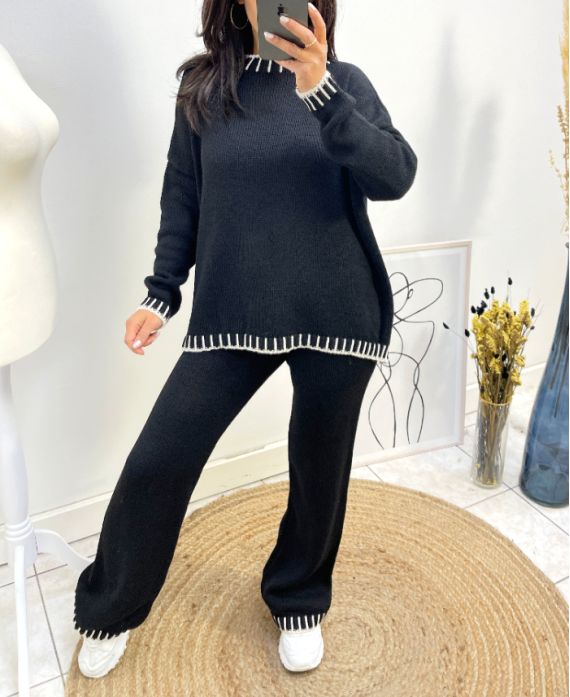 CONJUNTO DE SUÉTER DE PESPUNTES + PANTALÓN AW724 NEGRO