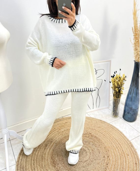 TOPSTITCHING SWEATER + TROUSERS SET AW724 WHITE