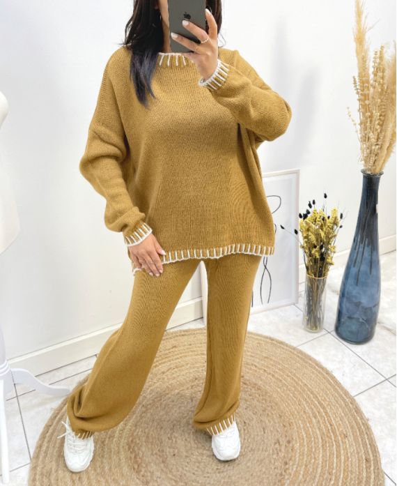 DOORSTIKTE TRUI + BROEK SET AW724 CAMEL