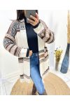 STRICKJACKE MIT ETHNO-FRANSENPRINT AH764 BEIGE