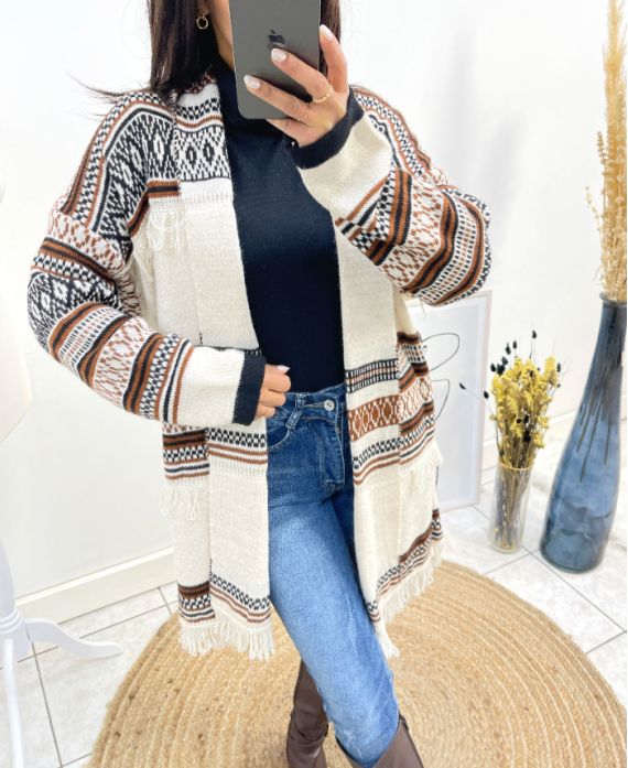 ETHNIC FRINGE PRINT CARDIGAN AH764 BEIGE