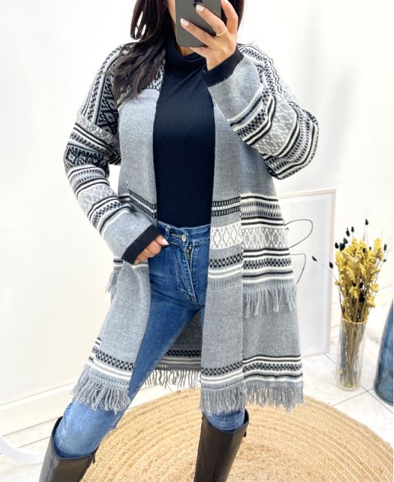 ETHNIC PRINTED FRINGE CARDIGAN AH764 GREY