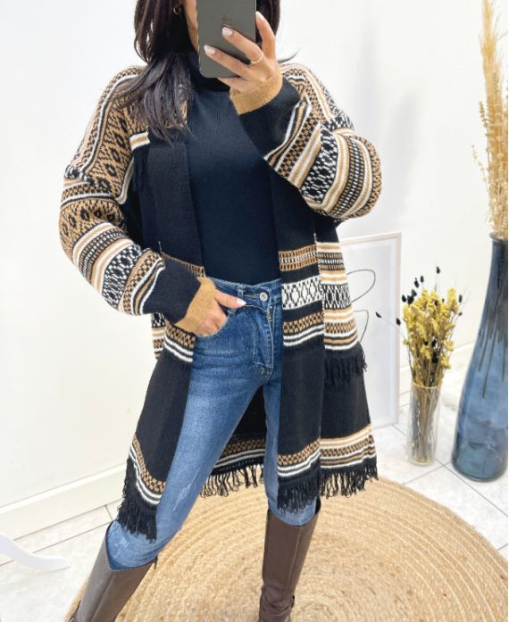 ETHNIC FRINGE PRINT CARDIGAN AH764 BLACK