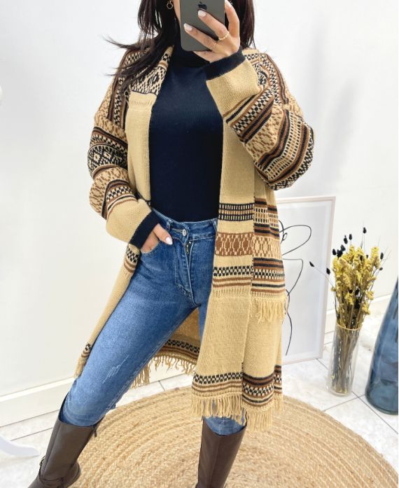 ETHNIC FRINGE PRINT CARDIGAN AH764 CAMEL