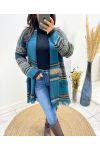 STRICKJACKE MIT ETHNO-FRANSENPRINT AH764 PETROLBLAU