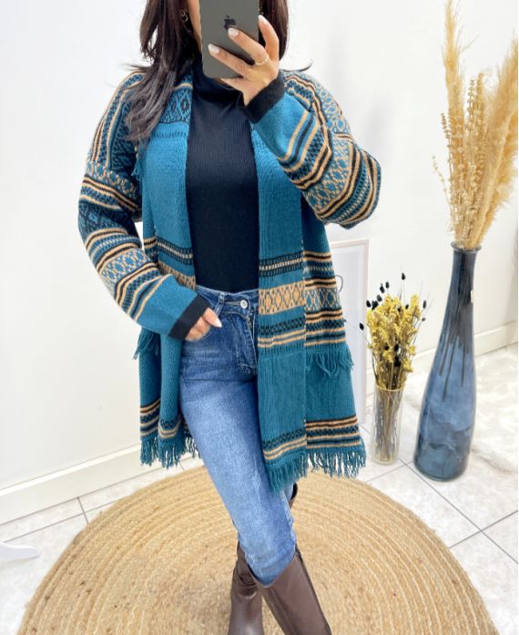 STRICKJACKE MIT ETHNO-FRANSENPRINT AH764 PETROLBLAU