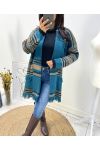 STRICKJACKE MIT ETHNO-FRANSENPRINT AH764 PETROLBLAU