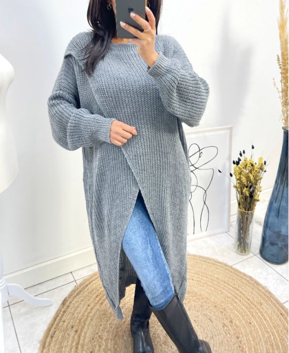 PULLOVER MIT LANGEN DRAPIERUNGEN AH763 GRAU