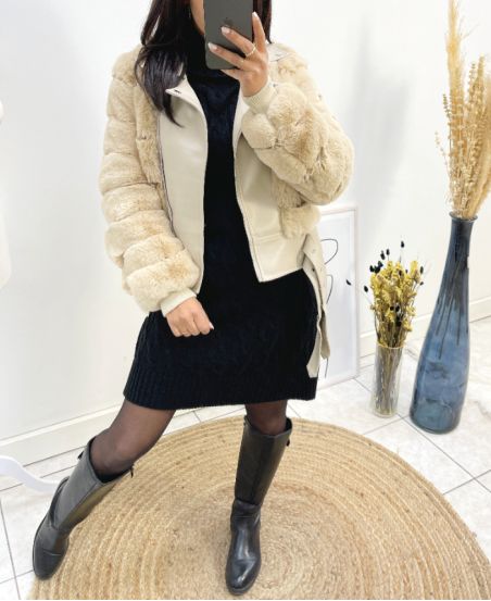 FAUX FUR AND FAUX LEATHER PERFECTO COATS AH701 BEIGE