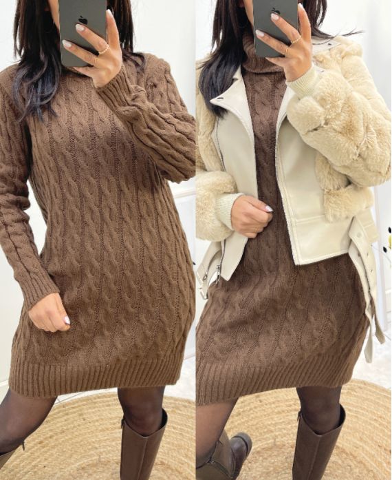 RULL ROBE COL ROULE TORSADES AH808 CHOCOLAT