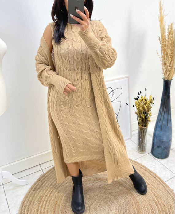 DRESS + LONG CABLE-KNIT VEST SET AH795 CAMEL