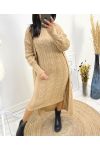 DRESS + LONG CABLE-KNIT VEST SET AH795 CAMEL