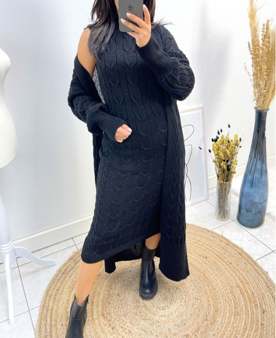 DRESS + LONG CABLE VEST SET AH795 BLACK