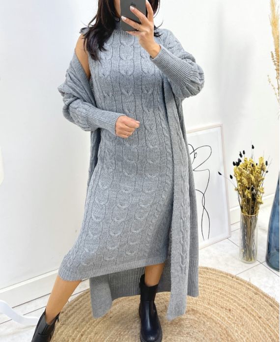 DRESS + LONG CABLE VEST SET AH795 GREY