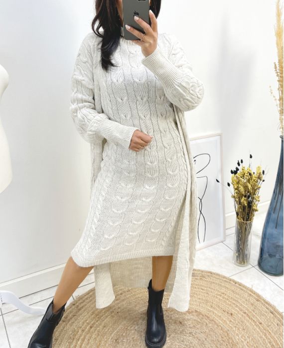 ENSEMBLE ROBE + GILET LONG TORSADES AH795 BEIGE