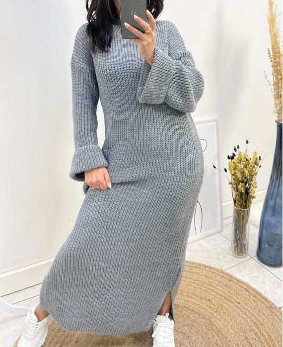 MAXI DRESS ROLLED SLEEVES AW825 GREY