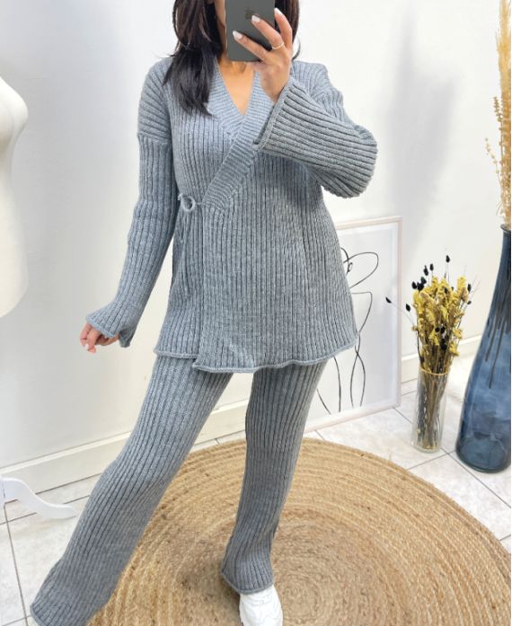 WRAP CARDIGAN SWEATER + PANTS AW816 GREY