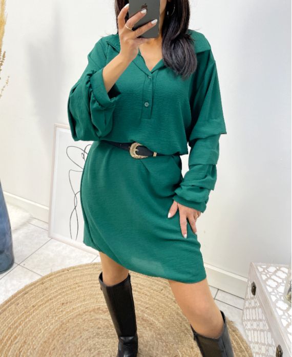 ABITO CURVY COLLECTION MANICA A SBUFFO FW562 VERDE SMERALDO