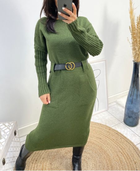 LONG DRESS WITH POCKETS + BELT FREE GREEN FH812