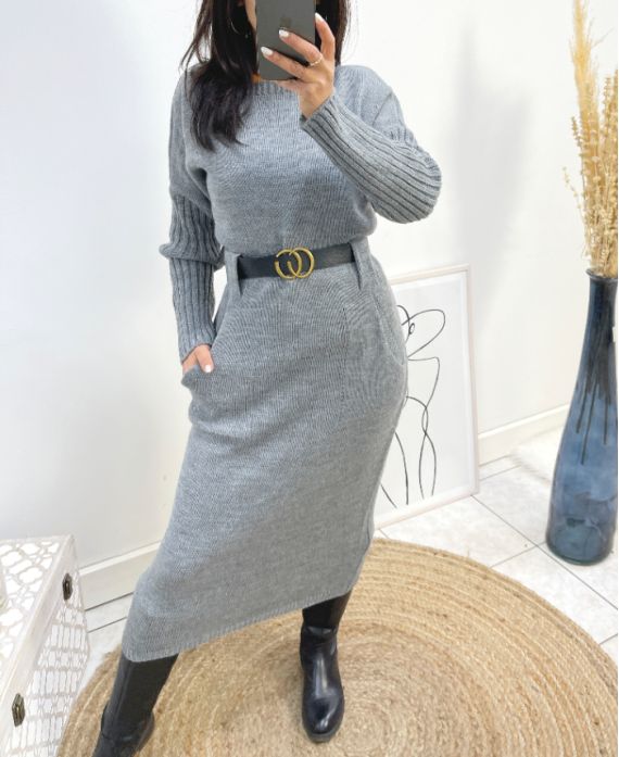 LONG DRESS WITH POCKETS + BELT FREE AW812 GREY