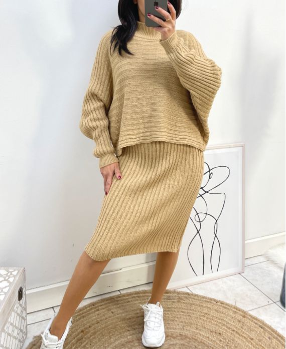 CAMEL DRESS + SWEATER SET AH834