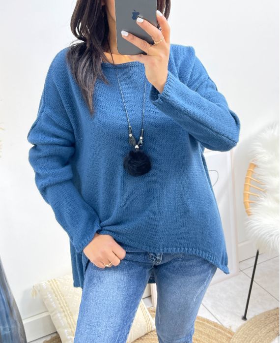 ASYMMETRISCHER PULLOVER + KOSTENLOSE HALSKETTE AW868 PETROL BLAU