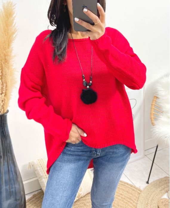 ASYMMETRICAL SWEATER + NECKLACE FREE AW868 RED