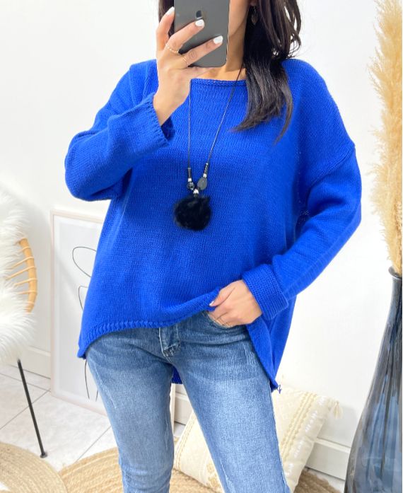 ASYMMETRICAL SWEATER + FREE NECKLACE AW868 ROYAL BLUE