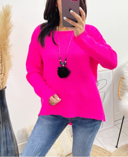 PULLOVER ASYMETRIQUE + COLLIER OFFERT AH868 FUSHIA