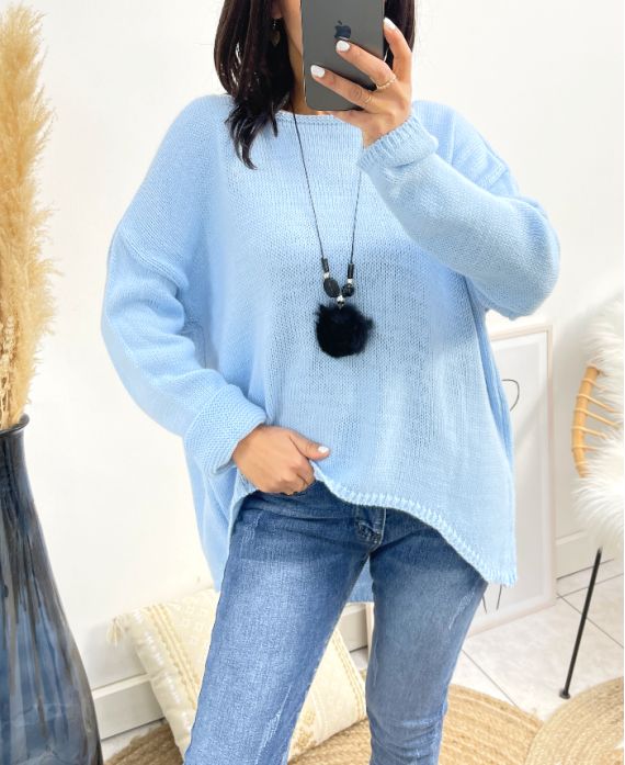 ASYMMETRISCHER PULLOVER + KOSTENLOSE HALSKETTE AW868 HIMMELBLAU