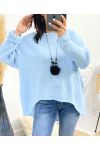 PULLOVER ASYMETRIQUE + COLLIER OFFERT AH868 BLEU CIEL