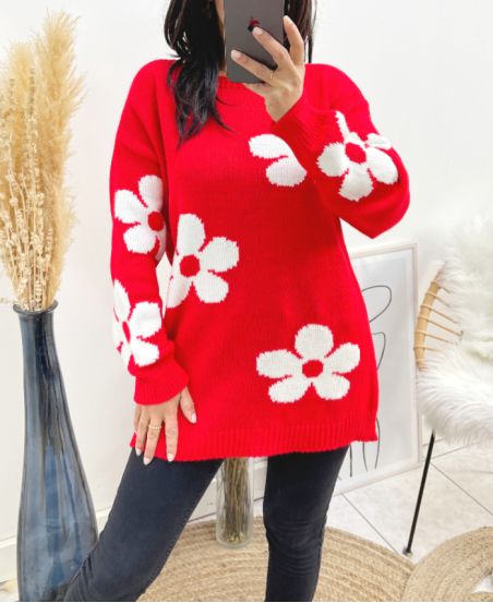 PULLOVER FLOWERS AH903 ROUGE/BLANC