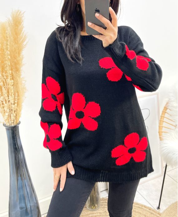 FLOWERS SWEATER AW903 BLACK/RED - www.grossiste-pret-a-porter.com