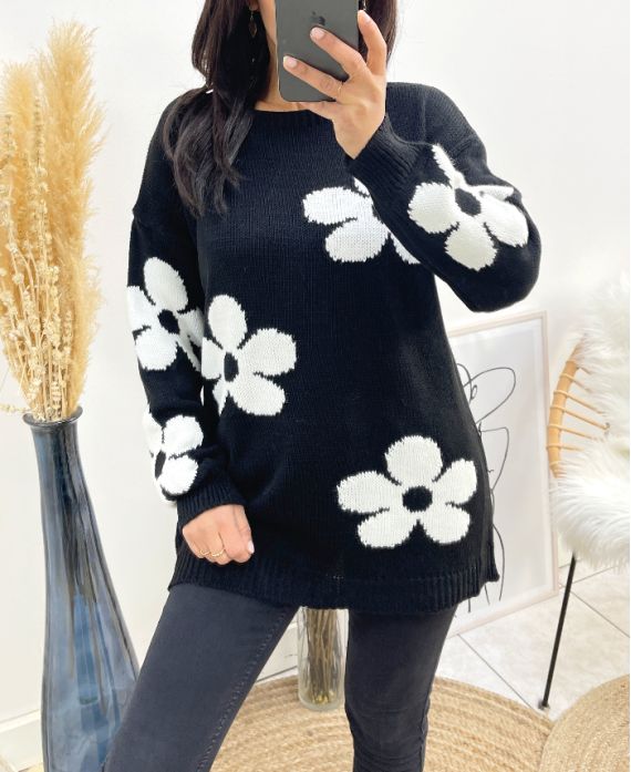 BLUMENPULLOVER AH903 SCHWARZ/WEISS