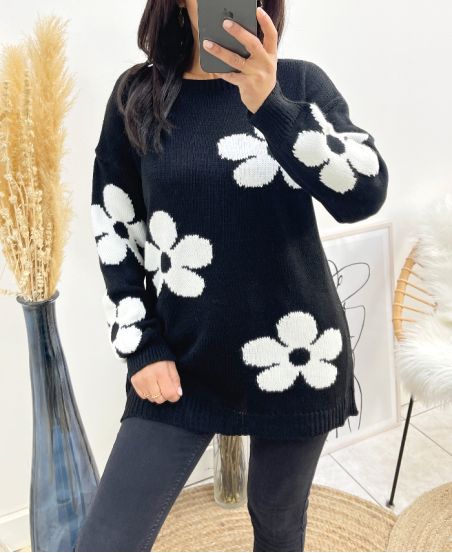 PULLOVER FLOWERS AH903 NOIR/BLANC