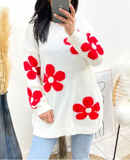 PULLOVER FLOWERS AH903 BLANC/ROUGE