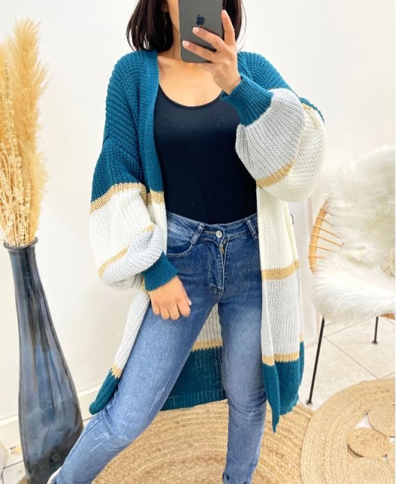 MULTICOLOR LUREX LONG PUFF SLEEVE VEST AW922 PETROL BLUE