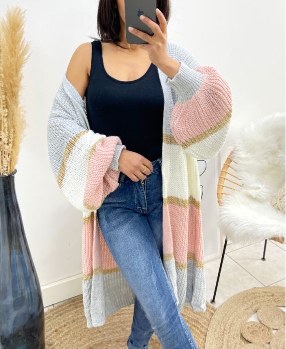 MEHRFARBIGE STRICKJACKE AUS LUREX MIT LANGEN PUFFÄRMELN AH922 GRAU