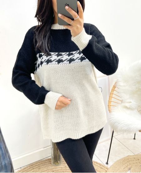 SWETER W PEPITKĘ AW896 BEŻOWY