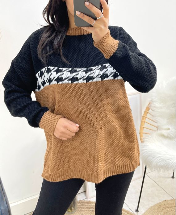 HOUNDSTOOTH SWEATER AH896 CAMEL