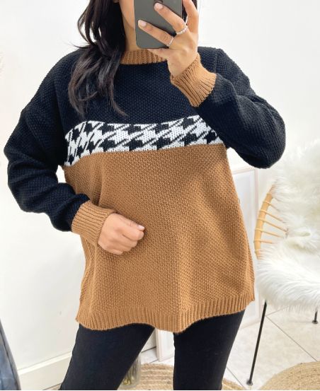 HOUNDSTOOTH SWEATER AH896 CAMEL