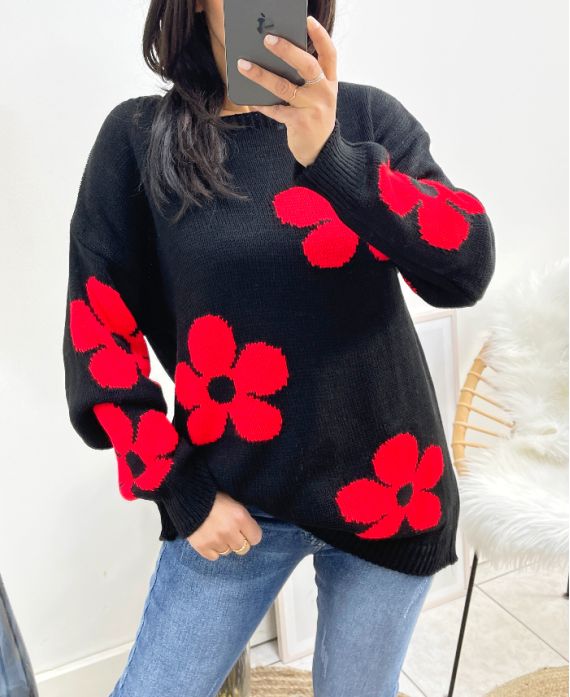 PULLOVER FLOWERS AH903 NOIR/ROUGE